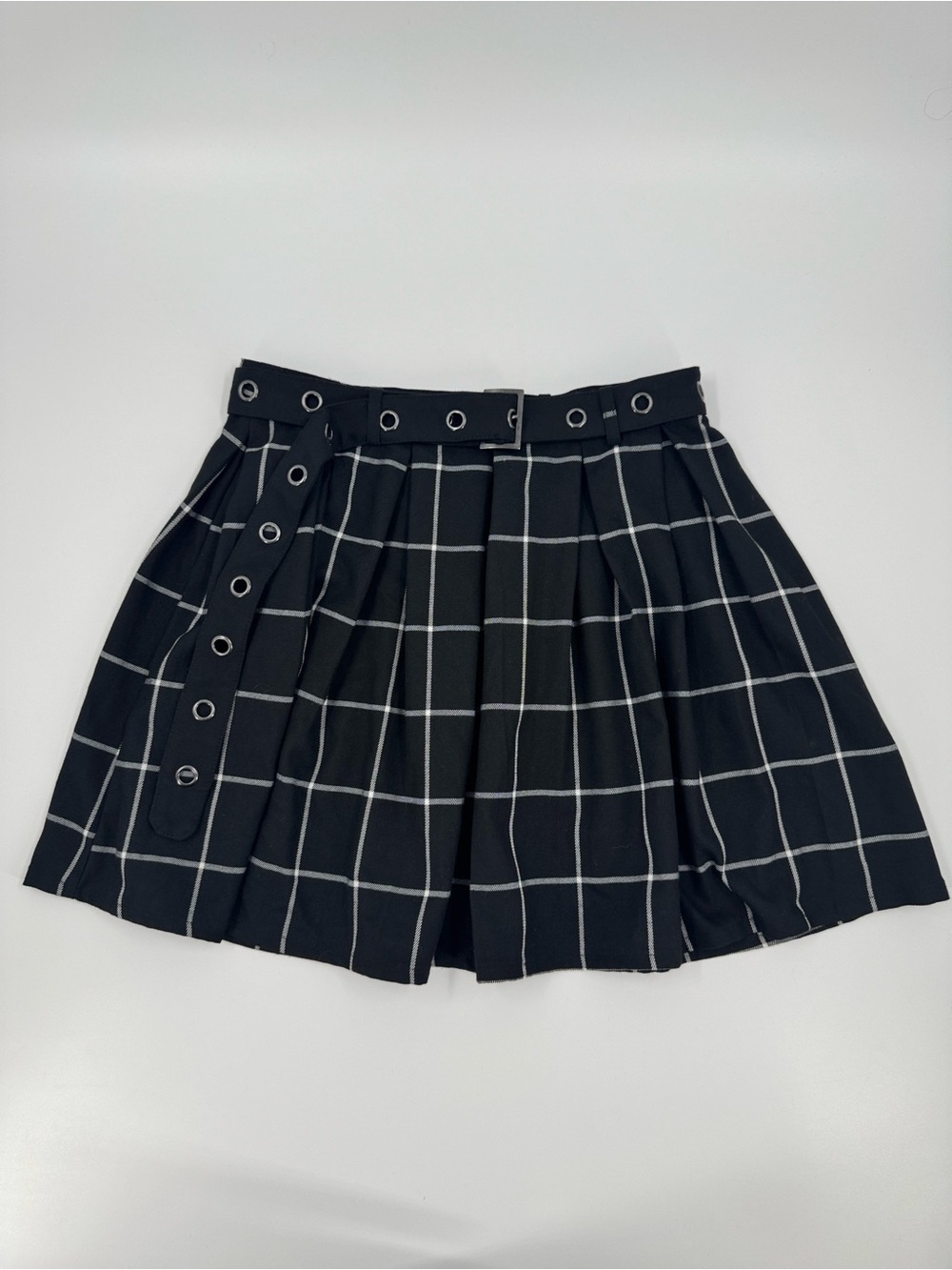 Hot Toppic Black Windowpane Pleated Mini Skirt with Grommet Belt Size M
